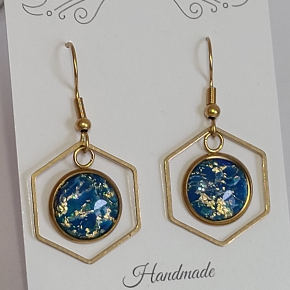 Boho Blue Gold Marble Artisan Geometric Elegant Drop Dangle Gold Tone Earrings - Picture 7 of 12
